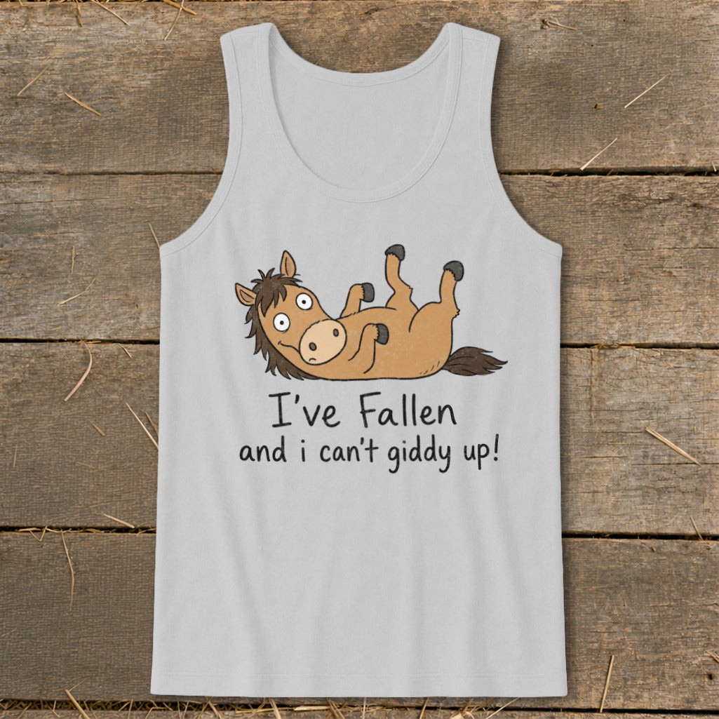 Light gray tank top with a cartoon horse lying on its back with the text "I've Fallen and I can't giddy up!".