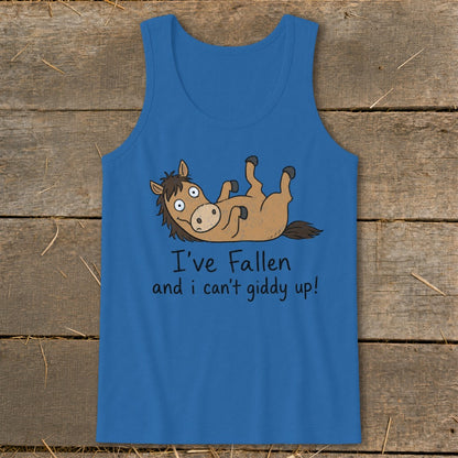 Blue tank top with cartoon horse on back, text reads "I've Fallen and I can't giddy up!"