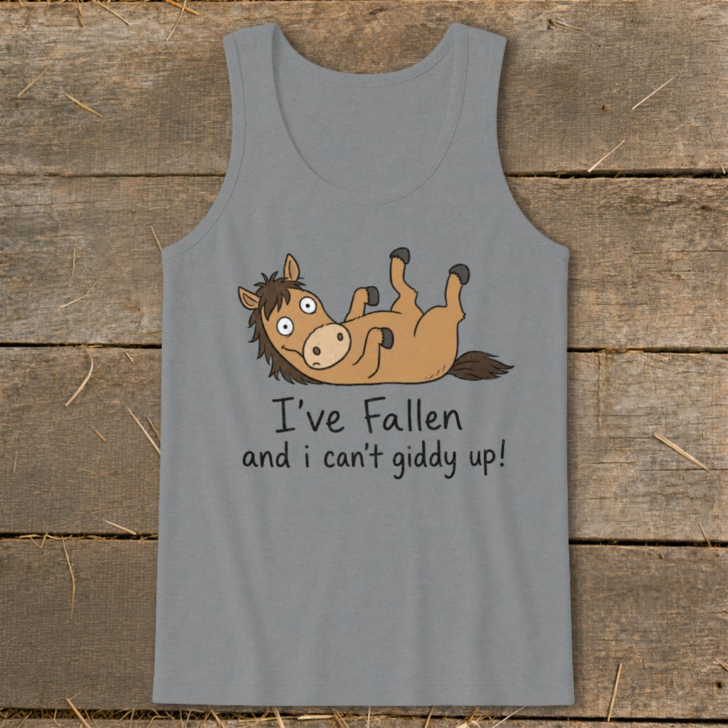 Gray tank top with a cartoon horse on its back and text I've Fallen and I can't giddy up!