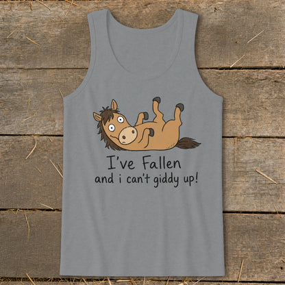 Gray tank top with a cartoon horse on its back and text I've Fallen and I can't giddy up!