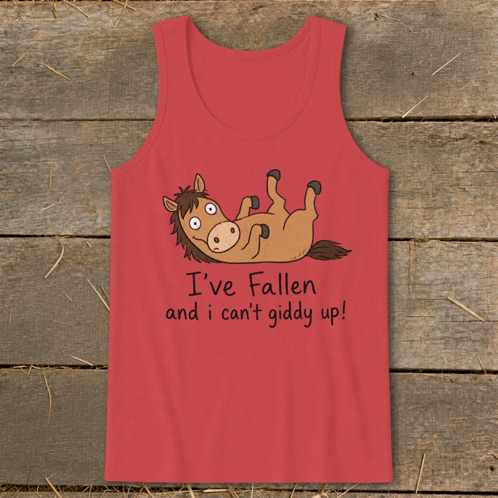 Red tank top with cartoon horse and text "I've Fallen and I can't giddy up!".