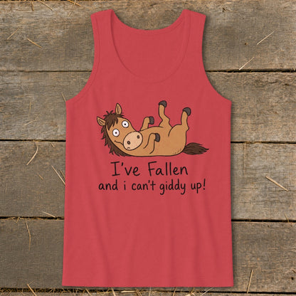 Red tank top with cartoon horse and text "I've Fallen and I can't giddy up!".