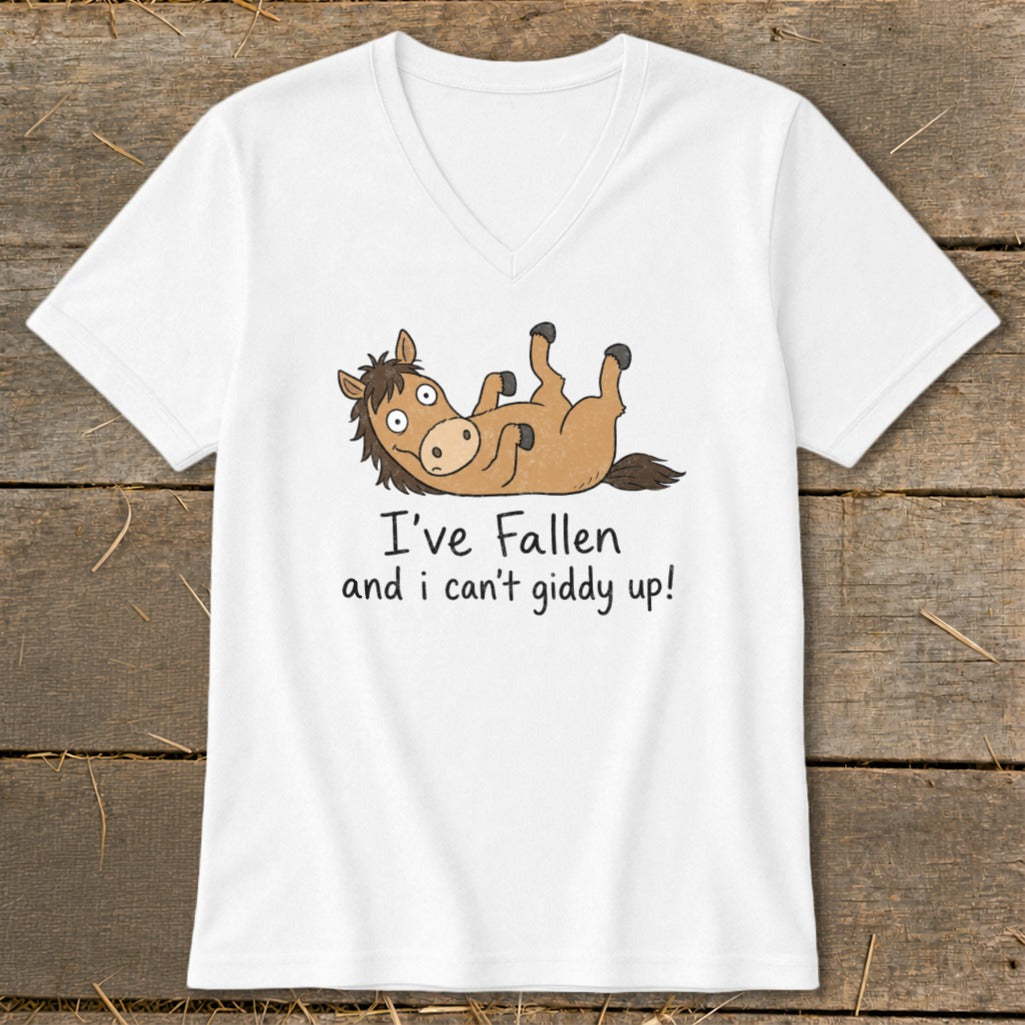 White t-shirt with cartoon horse on back and text "I've Fallen and I can't giddy up!".