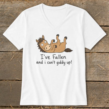 White t-shirt with cartoon horse on back and text "I've Fallen and I can't giddy up!".