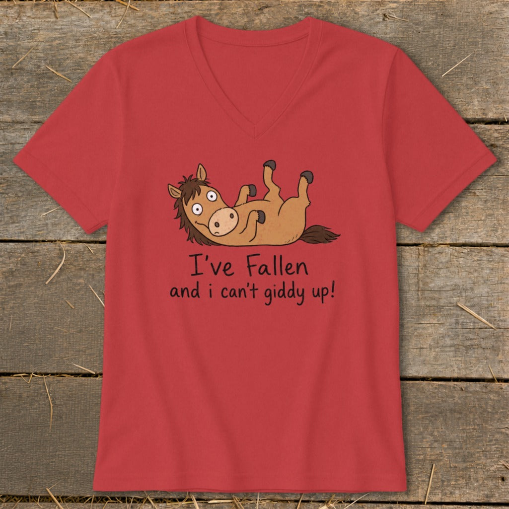 Red t-shirt with cartoon horse and text "I've Fallen and I can't giddy up!"