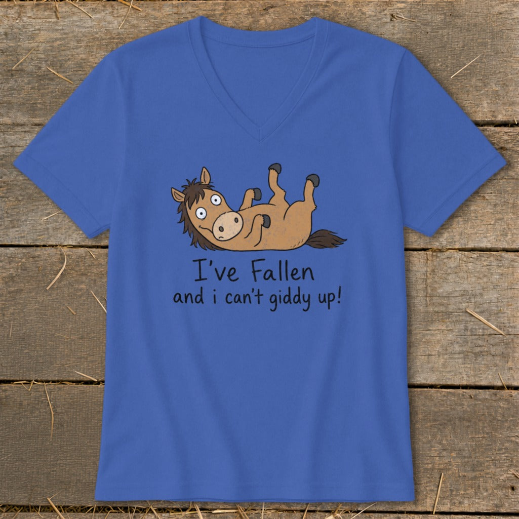 Blue t-shirt with cartoon horse and text "I've Fallen and I can't giddy up!"