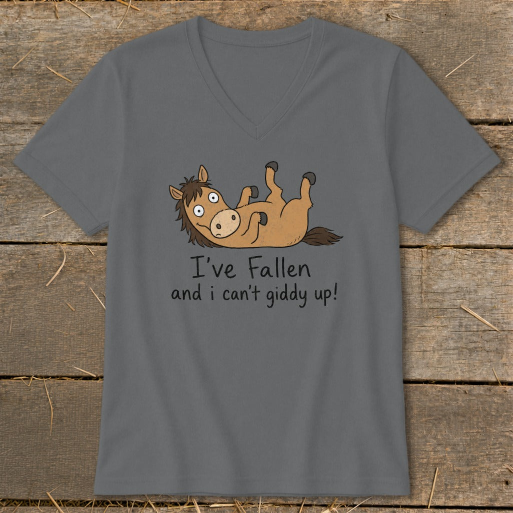 Grey t-shirt with cartoon horse lying down and text "I've Fallen and I can't giddy up!".