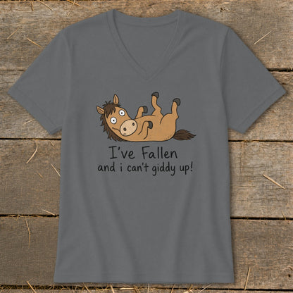 Grey t-shirt with cartoon horse lying down and text "I've Fallen and I can't giddy up!".