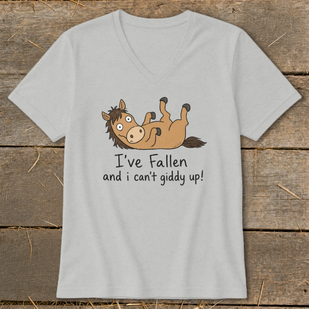 T-shirt with cartoon horse lying on back, text reads "I've Fallen and I can't giddy up!".