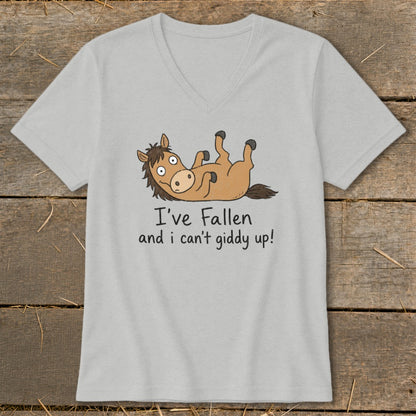 T-shirt with cartoon horse lying on back, text reads "I've Fallen and I can't giddy up!".