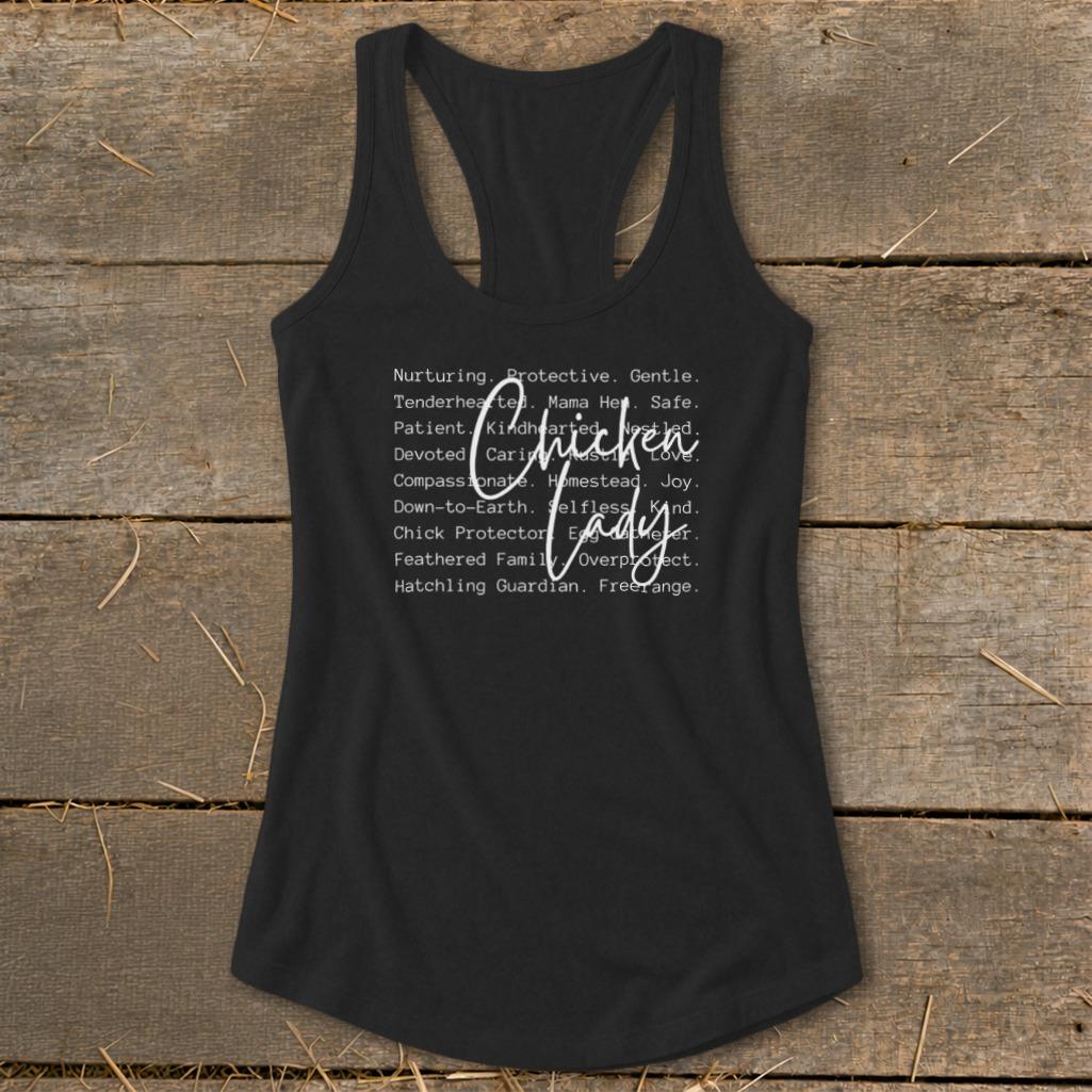 Chicken Lady Words Racerback Tank