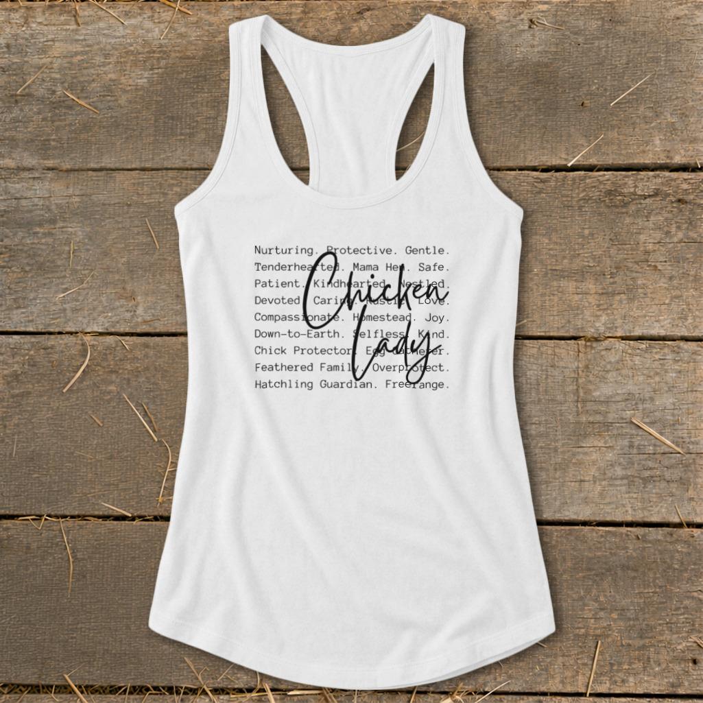 Chicken Lady Words Racerback Tank