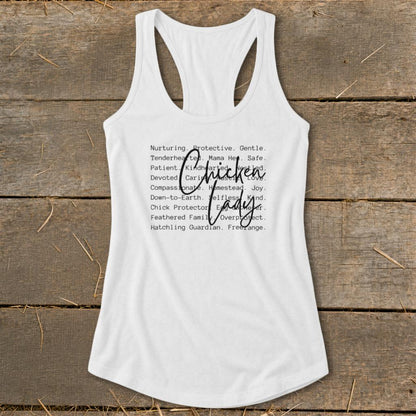 Chicken Lady Words Racerback Tank