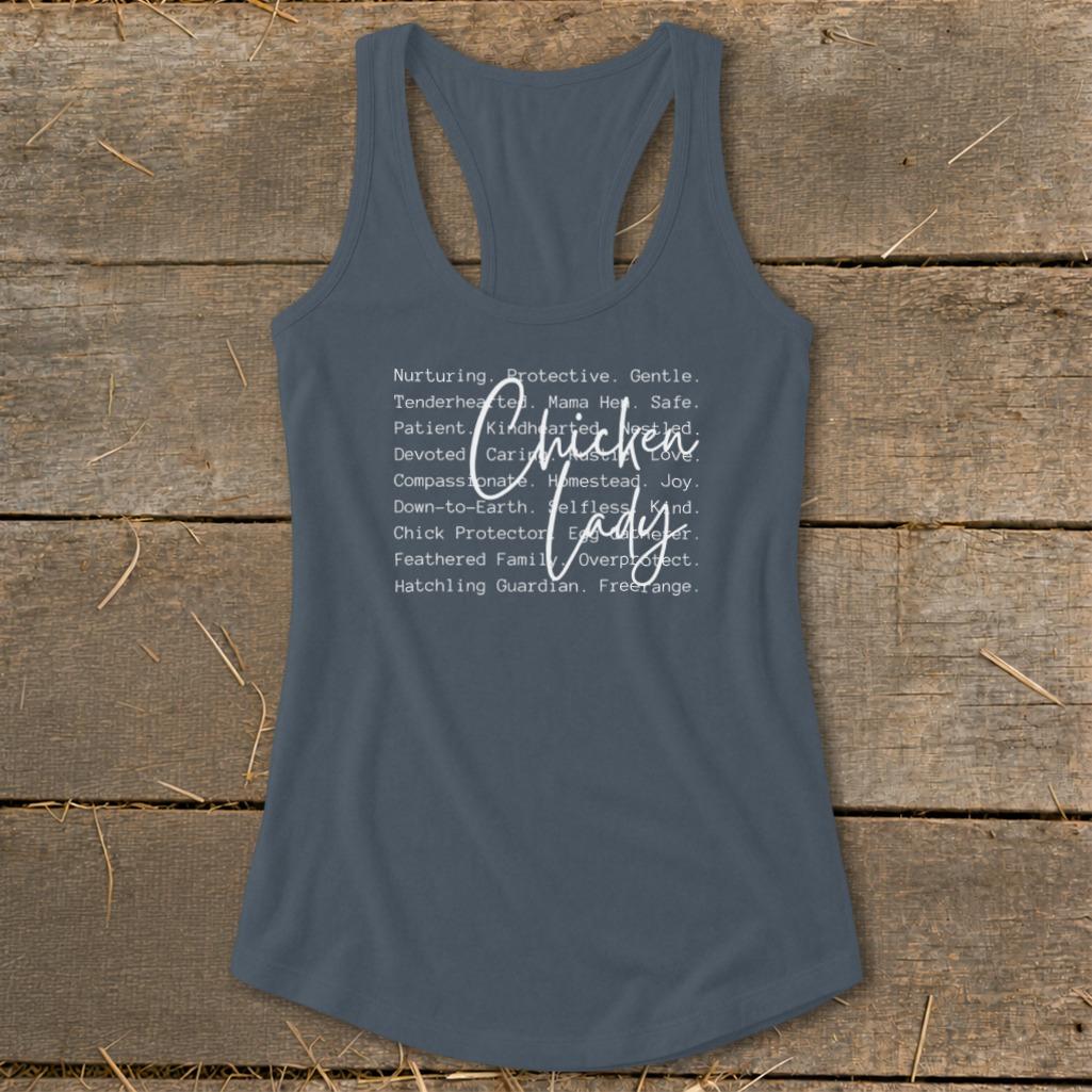 Chicken Lady Words Racerback Tank