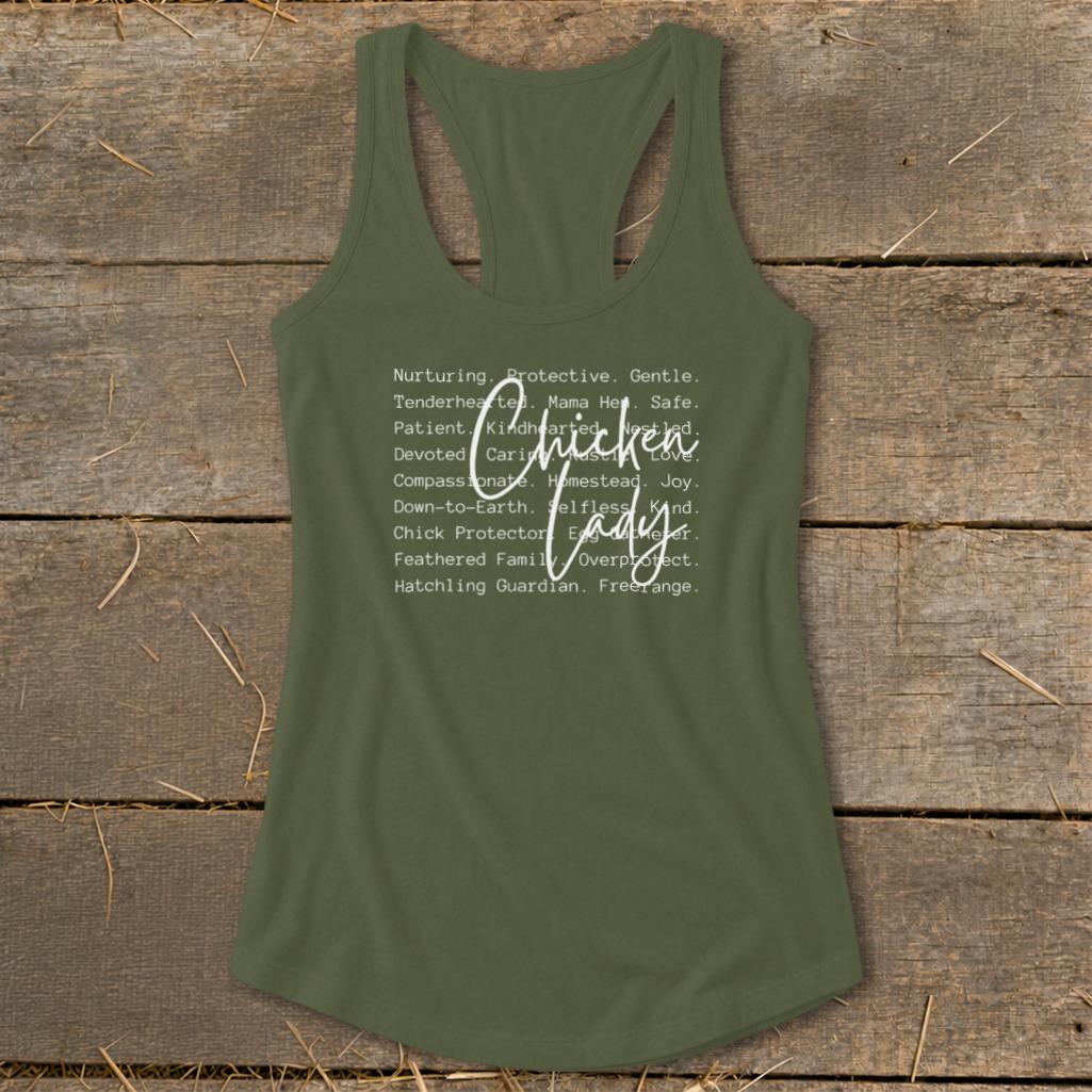 Chicken Lady Words Racerback Tank