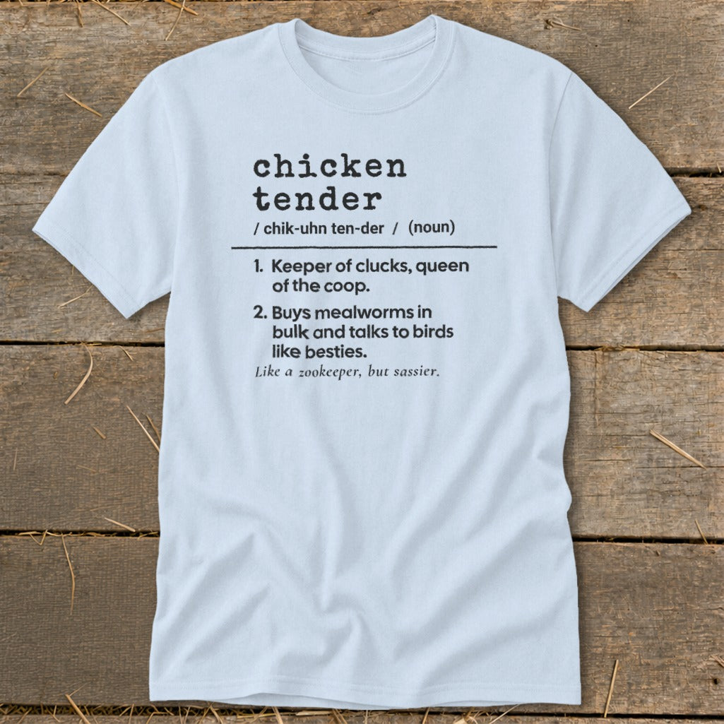 Light blue t-shirt featuring humorous dictionary definition text for chicken tender centered on the chest.
