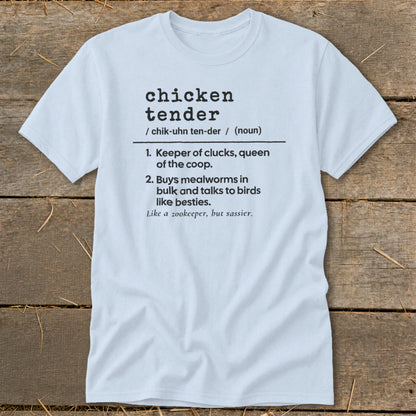 Light blue t-shirt featuring humorous dictionary definition text for chicken tender centered on the chest.