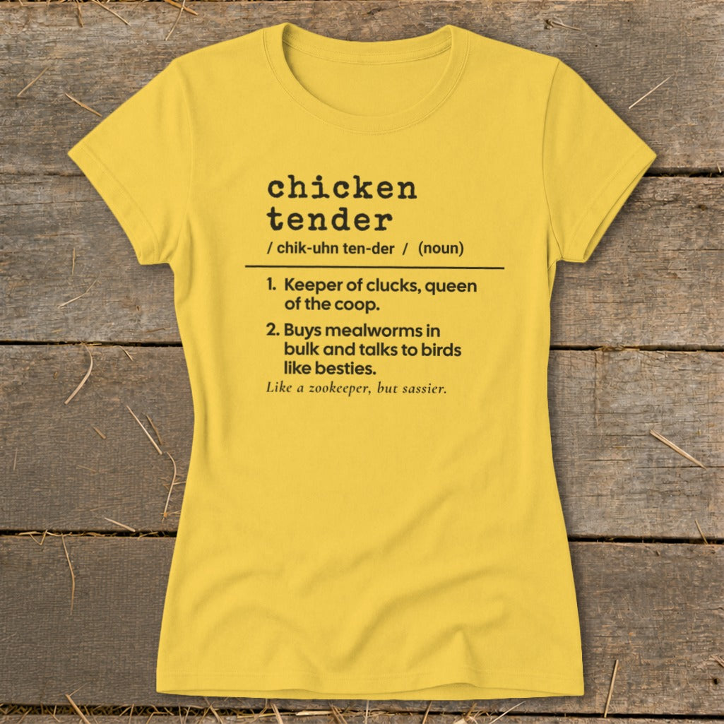 Yellow short-sleeve women's t-shirt printed with a dictionary-style definition of chicken tender.
