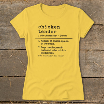Yellow short-sleeve women's t-shirt printed with a dictionary-style definition of chicken tender.