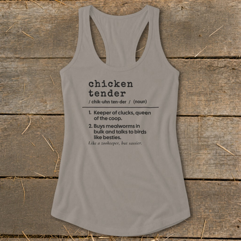 Grey racerback tank top featuring a dictionary-style definition of chicken tender with humorous text.