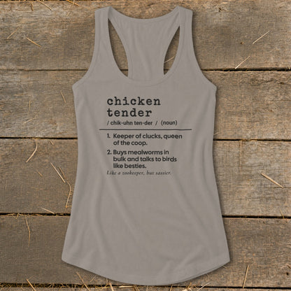 Grey racerback tank top featuring a dictionary-style definition of chicken tender with humorous text.