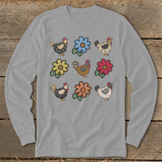 Chickens and Flowers Long Sleeve Tee - Sport Grey