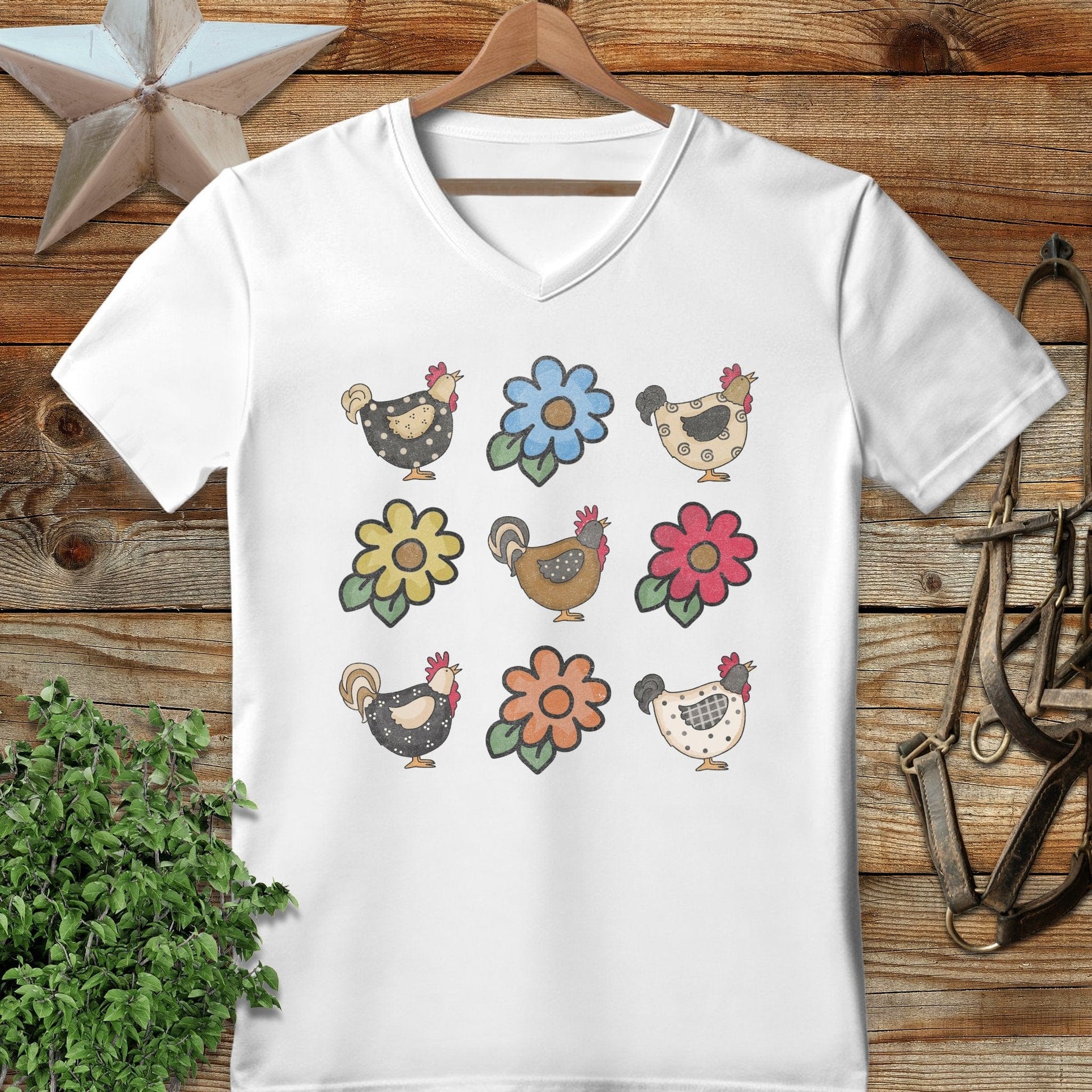 Chickens and Flowers V-neck