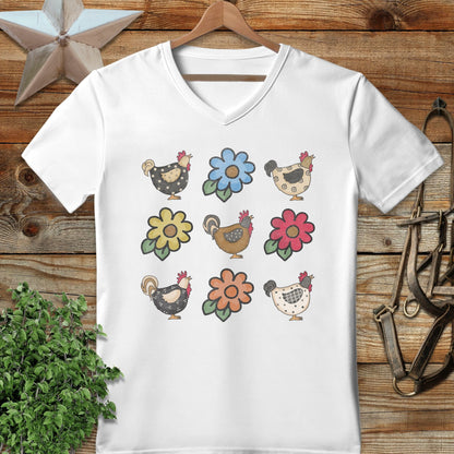Chickens and Flowers V-neck