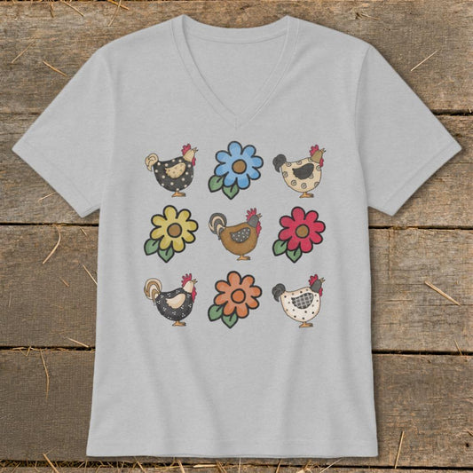 Chickens and Flowers V-neck - Athletic Heather