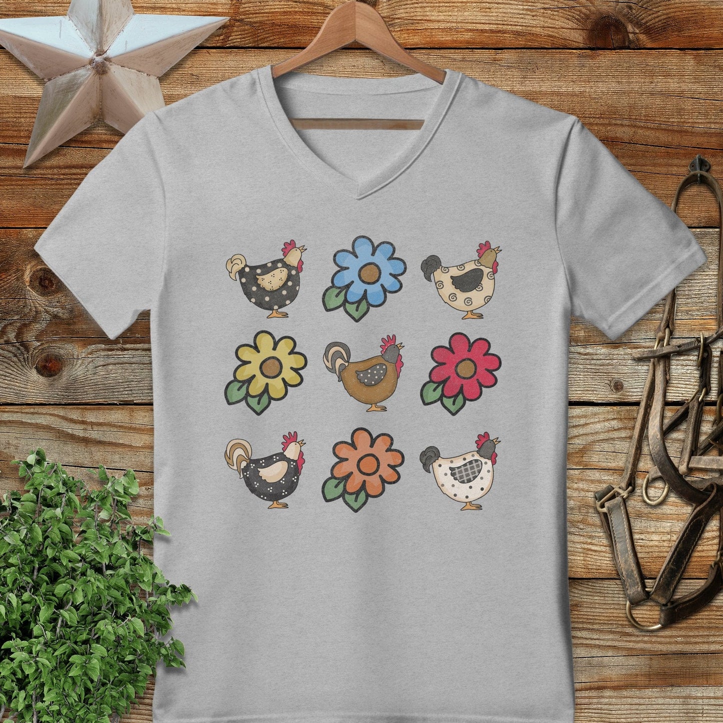 Chickens and Flowers V-neck