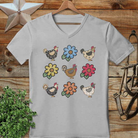Chickens and Flowers V-neck