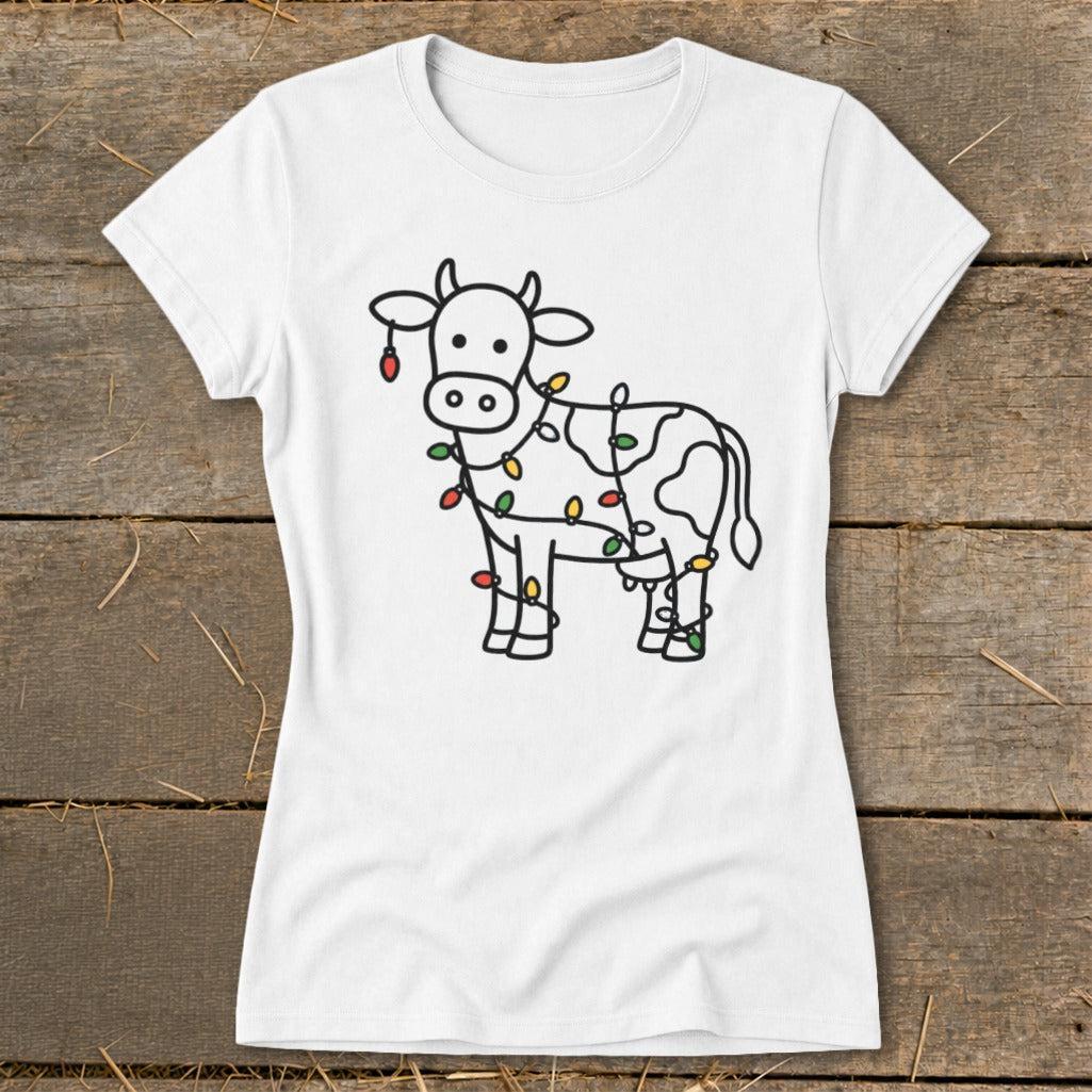 Christmas Lights Cow Ladies Tee