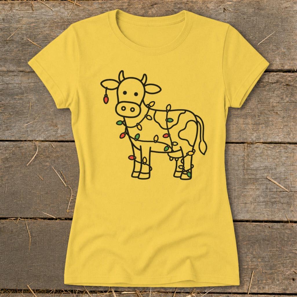 Christmas Lights Cow Ladies Tee