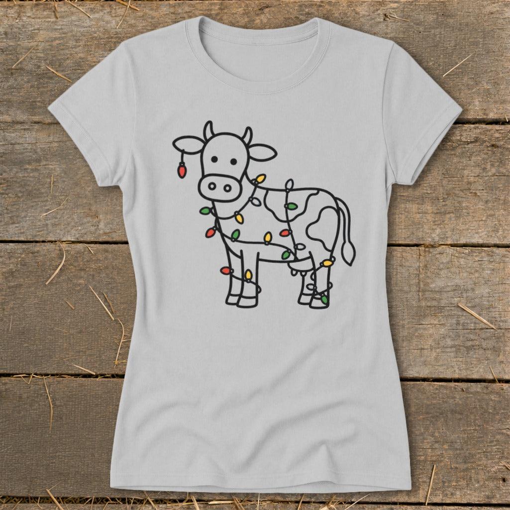 Christmas Lights Cow Ladies Tee