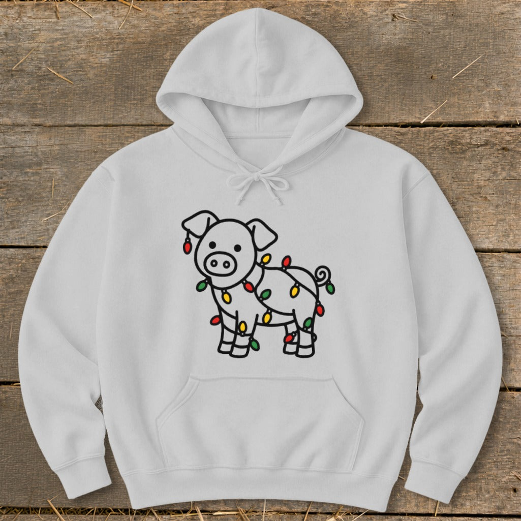 Light gray hoodie featuring a black outline graphic of a pig wrapped in Christmas lights.