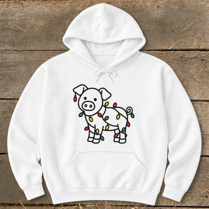 A white hooded sweatshirt with a cute cartoon pig wrapped in colorful Christmas lights.