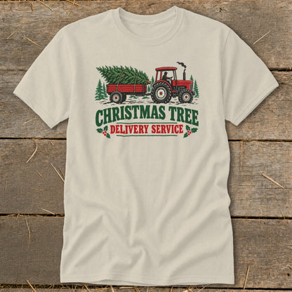 Christmas Tree Delivery Service graphic on a cream t-shirt with tractor and trailer.