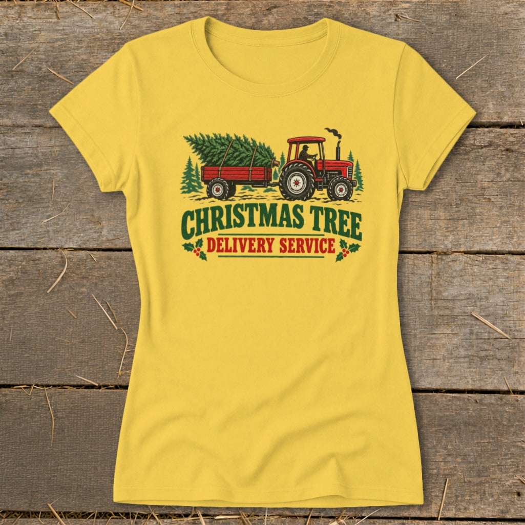 Yellow t-shirt with a red tractor towing a trailer full of Christmas trees and text.