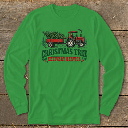 Red tractor pulling trailer with Christmas tree, text reads "Christmas Tree Delivery Service".