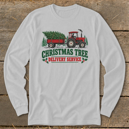 Red tractor pulling a trailer with Christmas trees. "Christmas Tree Delivery Service" text.