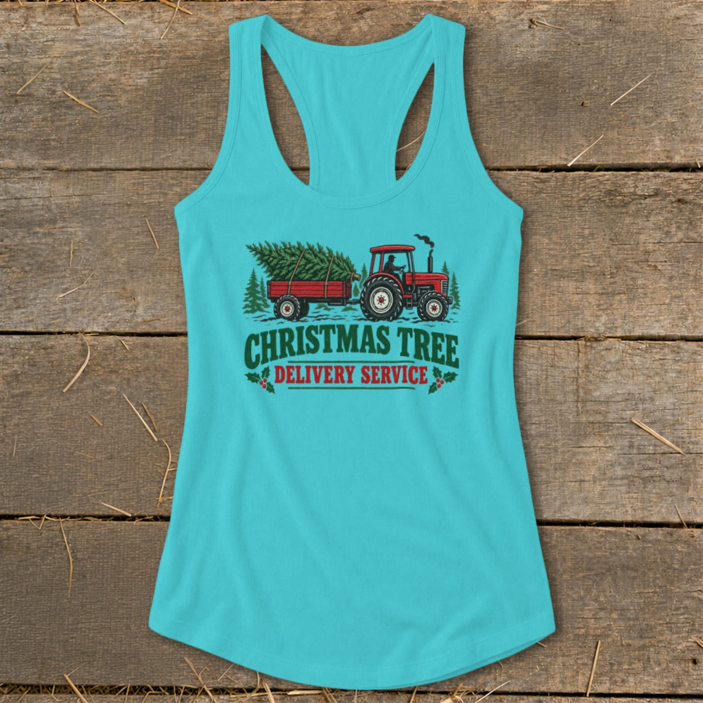 Red tractor pulling trailer with Christmas tree, "Christmas Tree Delivery Service" text.