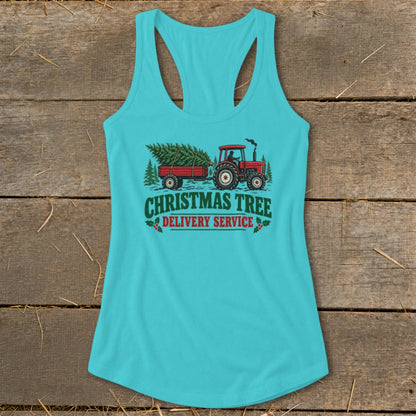 Red tractor pulling trailer with Christmas tree, "Christmas Tree Delivery Service" text.