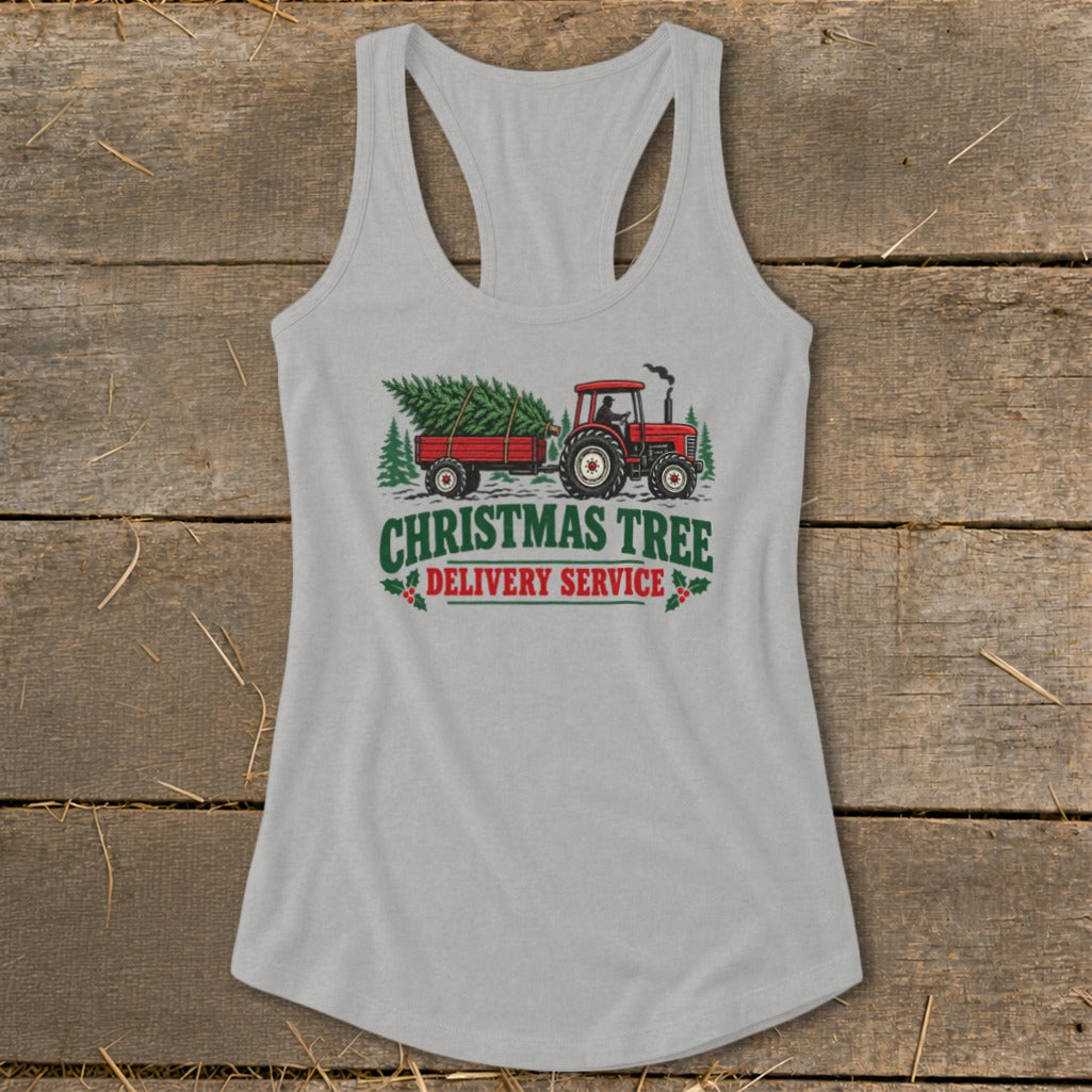 Graphic of a red tractor pulling a trailer with a Christmas tree, with text.