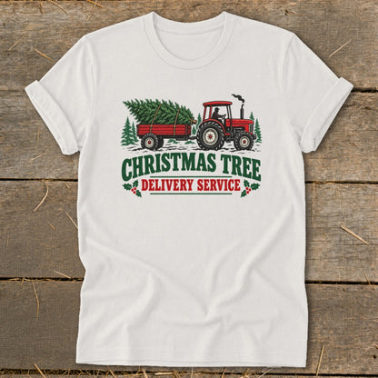 Red tractor hauling a Christmas tree with "Christmas Tree Delivery Service" text.