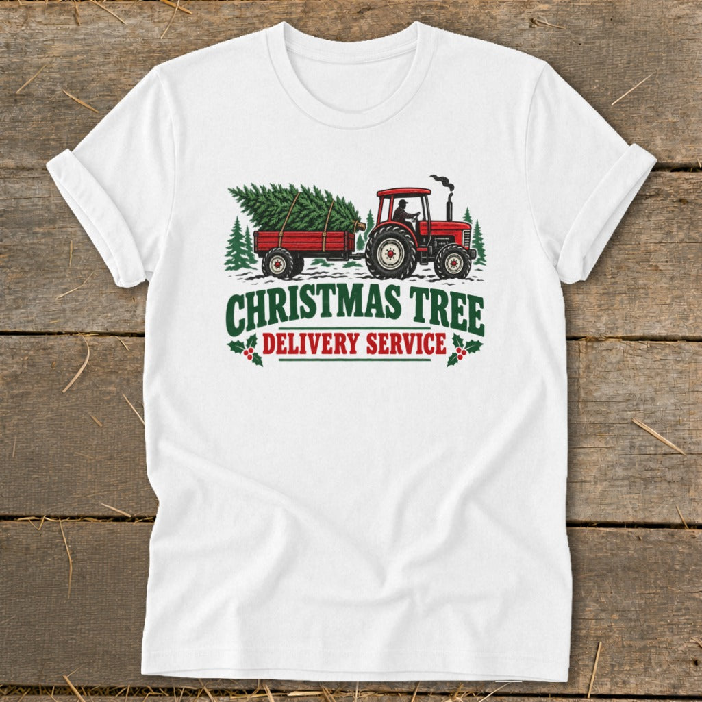 Red tractor pulling a trailer with a Christmas tree, text "Christmas Tree Delivery Service".