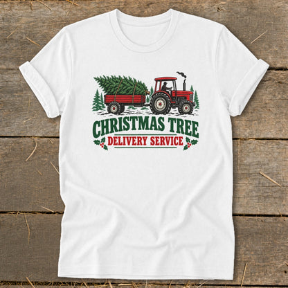Red tractor pulling a trailer with a Christmas tree, text "Christmas Tree Delivery Service".