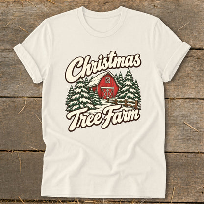 Christmas Tree Farm graphic with red barn and snow-covered pine trees.