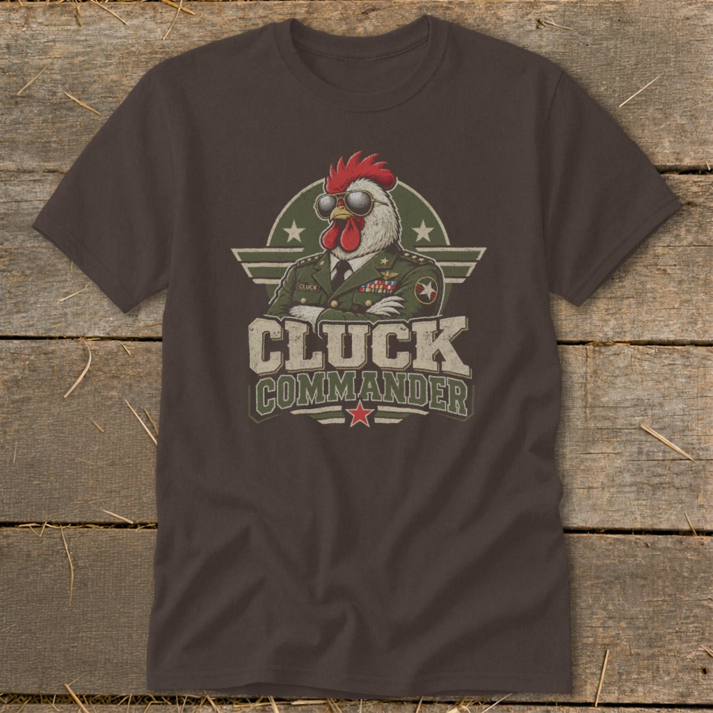 A brown t-shirt featuring a graphic of a rooster in a military uniform wearing sunglasses.