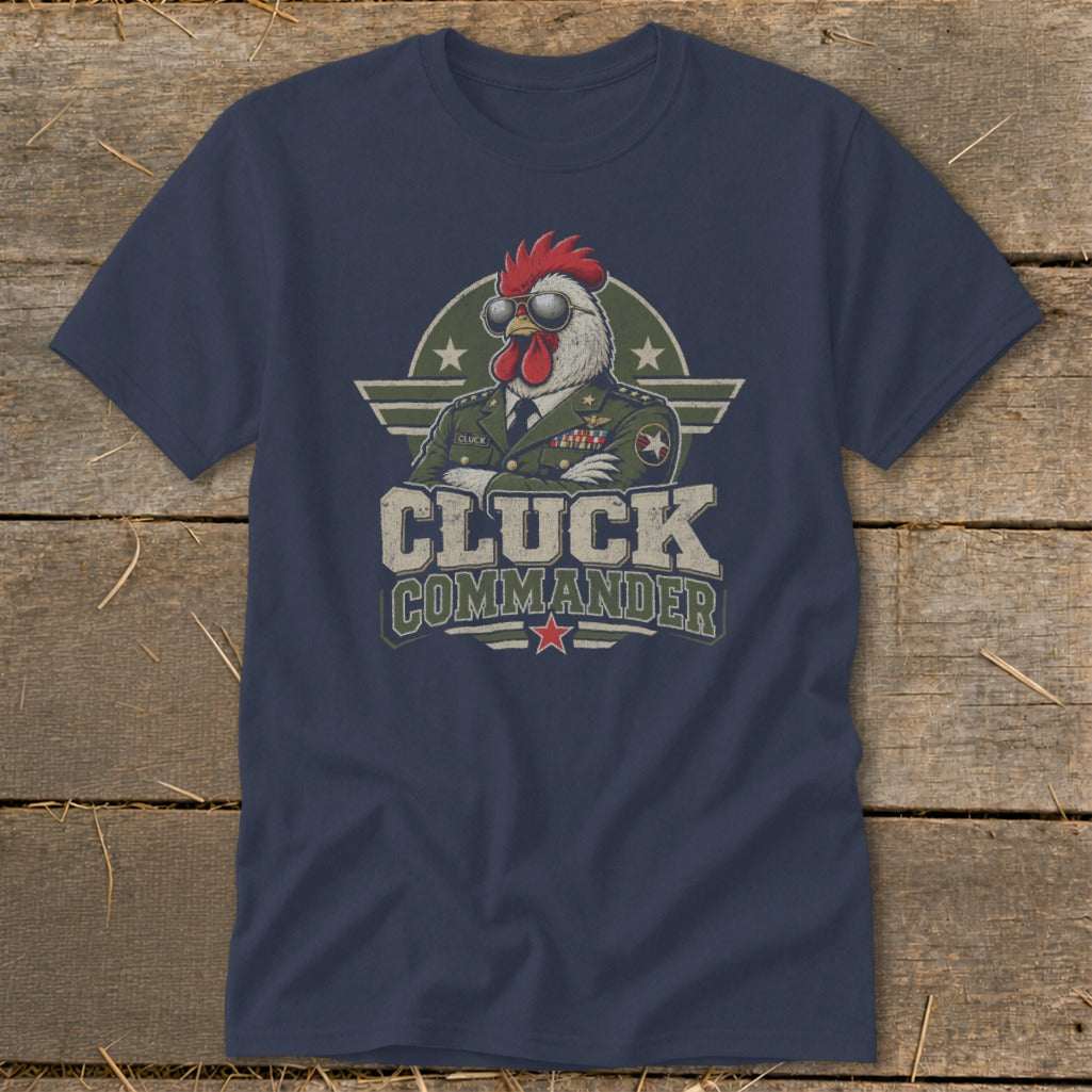 Dark blue t-shirt featuring a graphic of a chicken in a military uniform with the text Cluck Commander.