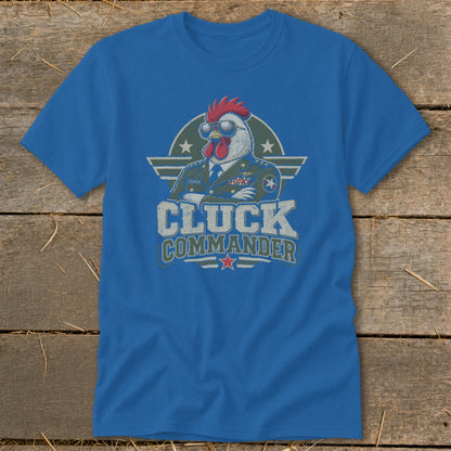 A blue t-shirt featuring a graphic of a rooster in a military uniform with the text Cluck Commander.